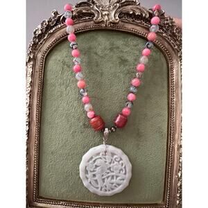 Hand-Carved Soapstone Bird & Floral Necklace Pink Agate Quartz Carnelian Vintage